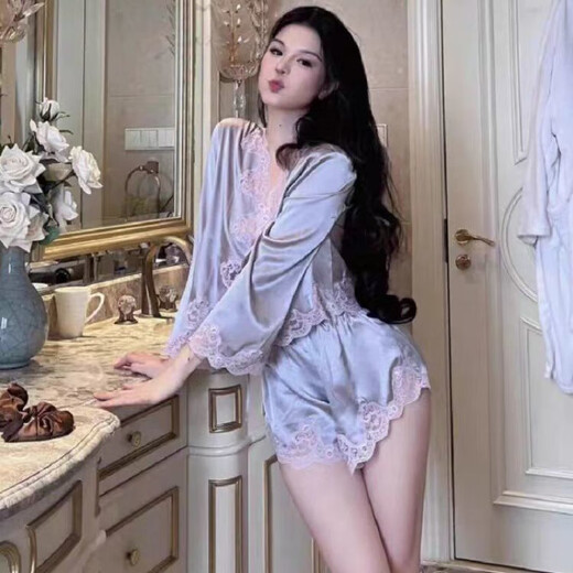 Njskakw sexy ice silben satin pyjamas für Frauen im Sommer 2025 Neue reine Spitze langärmlige Shorts Home Clothing Set Sommerstil 829# HAUSPERS S Empfohlen 80-90jin [Jin gleich 0,5 kg]
