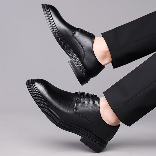 Portures leather shoes men's lace-up business casual shoes fashionable striped commuter formal shoes wedding shoes for men 1768 black 39