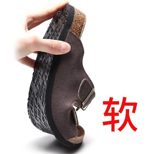 UETEEY软木拖鞋女夏外穿时尚百搭防滑情侣牛I皮一字拖鞋度假沙滩鞋15618 109墨绿 41