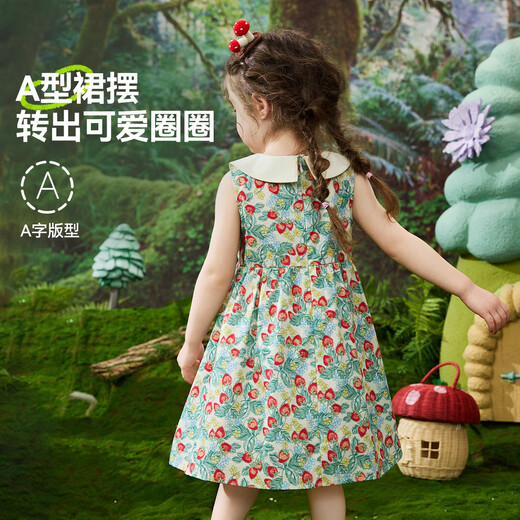 ASK JUNIOR森系婴幼裙子夏儿童娃娃领无袖背心裙女童草莓连衣裙 花色  100 