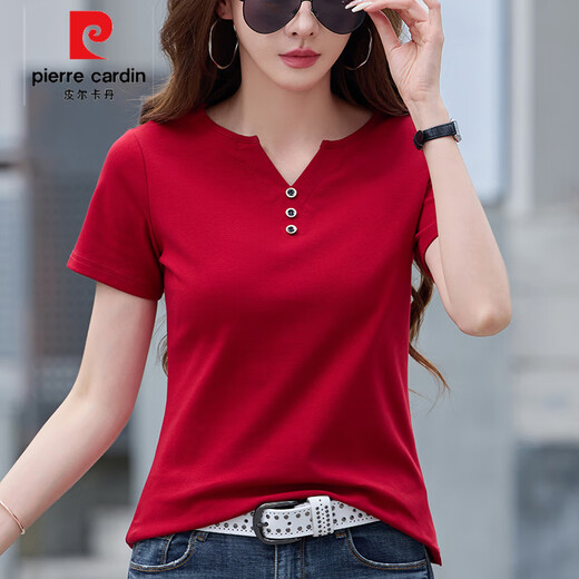 皮尔卡丹（pierre cardin）2025夏季新款正肩设计感宽松v领棉短袖女t恤高端气质百搭衫 6621玲珑紫 (纯色款) XL 建议115-125斤