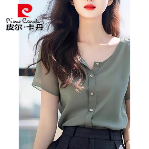 皮尔 卡丹2025夏季今年流行漂亮小衫遮肚子独特别致军绿色雪纺衬衫上衣女士 6196-军绿色 S 【建议80-95斤】
