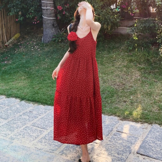 沐霓复古碎花红色吊带连衣裙女夏季2025新款度假海边沙滩显瘦气质长裙 碎花吊带连衣裙红色M 85-100斤