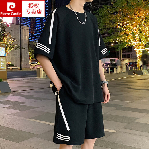 Pier Cardin Hong Kong style short-sleeved T-shirt for men 2025 summer new casual sports suit loose half-sleeved men's T-top men's clothing FKS653 white suit M about 90-110Jin [Jin equals 0.5 kg] can be worn