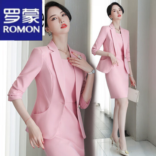 ROMON Light Luxury Women's Pink Business Wear Small Suit Suit Women's High-end Spring and Autumn Wear Small Jacket Temperament Suit Blue Suit + Dress M