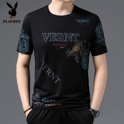 Camiseta de seda de color mulberry de manga corta de Playboy en Playboy Summer, delgada camisa de base de moda a media manga delgada, traje de papá Daddy Black-733xs M 165 recomendado 90-115Jin [Jin equivale a 0.5 kg]