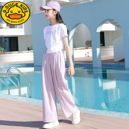 
G.DUCKKIDS little yellow duck girl summer suit children's short-sleeved pants fashionable medium-large children's summer suit casual girl fashion 9889 white + 15106 purple [set] 160 cm