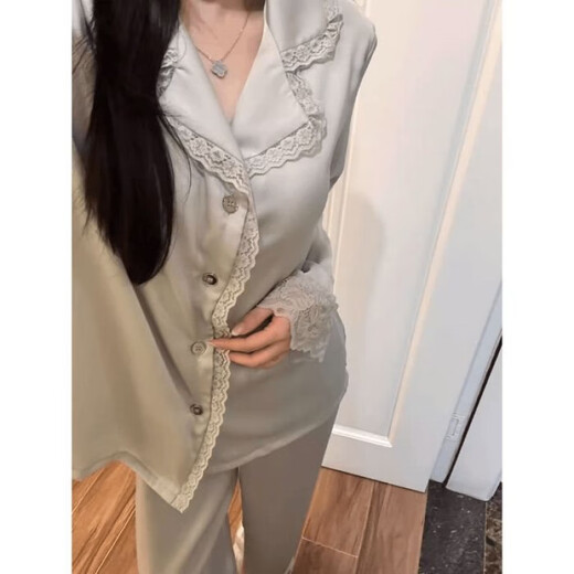 HUALIN FASHION冰雪丝睡衣女款长袖黑色蕾丝家居服套装感春夏两季 1365 纯色开衫 170 M