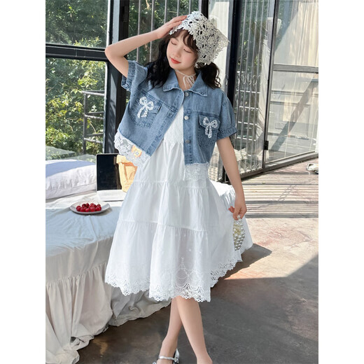 奢依君女童夏季连衣裙2025新款洋气女孩牛仔短袖儿童夏装花边吊带裙套装 蓝色【T9207牛仔外套】 120 cm