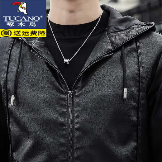 Woodpecker (Tucano) Kapuzenlederjacke für Männer Frühling und Herbst Jacke 2024 Neue Lederjacke für Winter-Motorrad-Reiten sowie Fleece-Jacke Hemd für Männer schwarz regulär 2xl geeignet für 135-150jin [Jin gleich 0,5 kg]