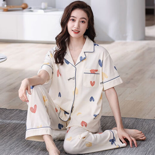 浪莎（LangSha）2025年新款睡衣女式夏季短袖长裤翻领开衫中年妈妈家居服可外穿 PDDQ9922 L 【建议100-120斤】