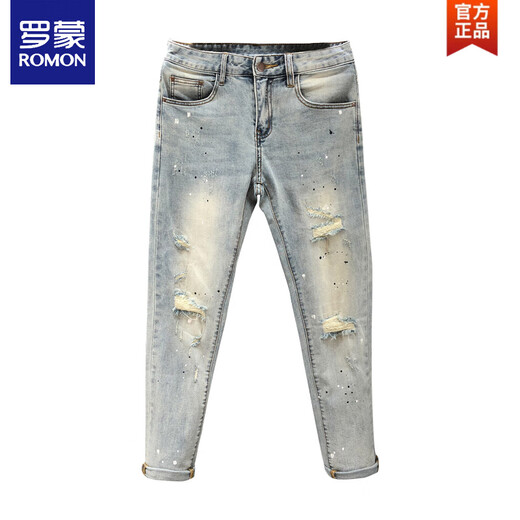 罗蒙（ROMON）设计感泼墨破洞牛仔裤男潮牌弹力修身小脚2025夏季高端男士九分裤 9758 浅蓝色 28