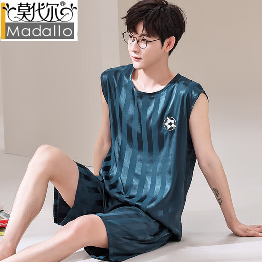 莫代尔新款男士睡衣男背心夏季无袖冰丝薄款青少年可外穿家居服运动套装 9904 2XL 140-160斤