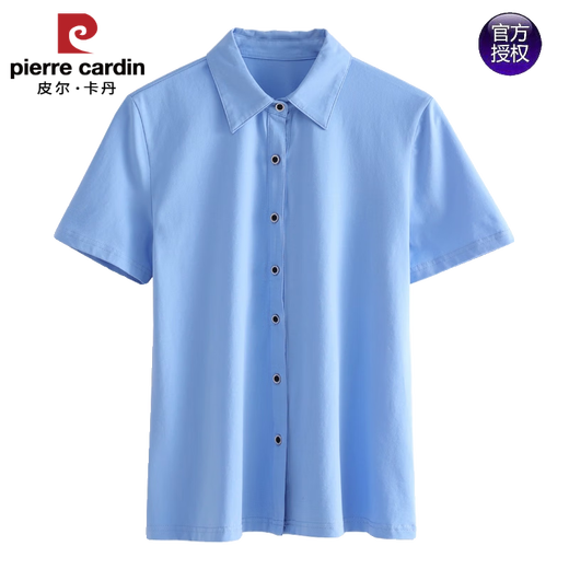 皮尔卡丹（pierre cardin）春夏新款纯棉衬衫女POLO领纯色短袖t恤百搭显瘦开衫半袖职业上衣 9887蓝色 (短袖) S 建议80-95斤