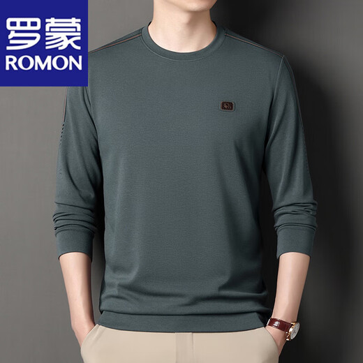 
ROMON high-end brand men's 100% pure cotton long-sleeved T-shirt 2025 round neck Jimo sweatshirt men's autumn anti-wrinkle base shirt 6625 green 2XL 180 suggestions 155-170Jin [Jin equals 0.5 kg]