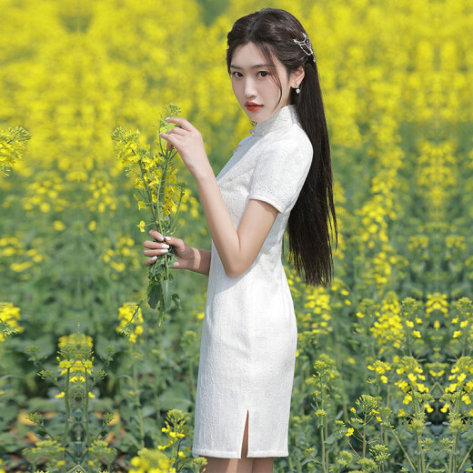 白色蕾丝短款改良旗袍新款2025年轻款女复古日常小个子连衣裙夏季 12799纹理米 S