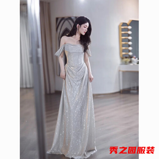 范哲莎银色晚礼服新娘结婚订婚爆闪敬酒服晨袍生日宴会主持人婚纱 灰色爆闪 S