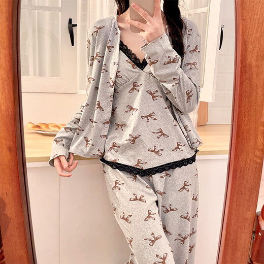 Ziwei Qifeng Hosenteil Pyjamas für Frauen mit Brustpolstern für Frühlings-Langarmjacke Hose Spitze Spitze Home Kleidungsstück Z13803# Graues Drei-teiliger Set 170 m Vorschlag 80-100