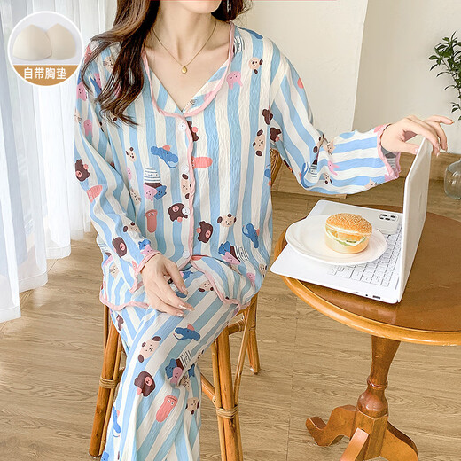 
HUALIN FASHION pajamas with chest pads for women long sleeves thin home clothes loose two-piece set 846# Garden Elephant 170 M