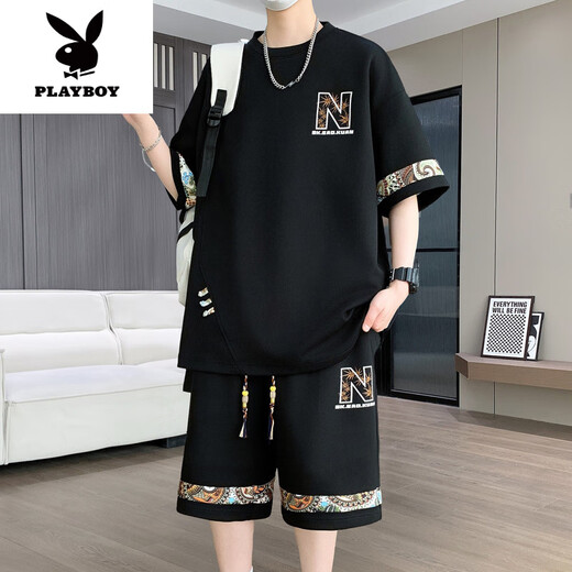 花花公子（PLAYBOY）2025年夏季新款中国风时尚休闲男士套装圆领短袖T恤短裤两件套潮 【短.袖套装】6195 黑色 2XL (建议145-160斤)