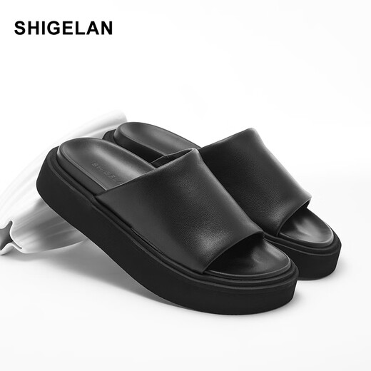 Shigelan 2025 Nouvelles sandales d'été en cuir authentique pour chaussures de plage pour femmes avec des flops antidérapants épaisses et une apparence élevée, noir 36 (petite taille)