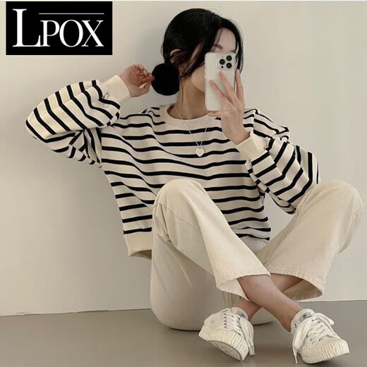Lpox gestreiftes Sweatshirt für Frauen 2025 Neue Herbst- und Winterstraße koreanischer Stil Lose Ins Style Thin Casual Top mit Velvet 9923 Sweatshirt Black Dünn S 65-80Jin [Jin gleich 0,5 kg]