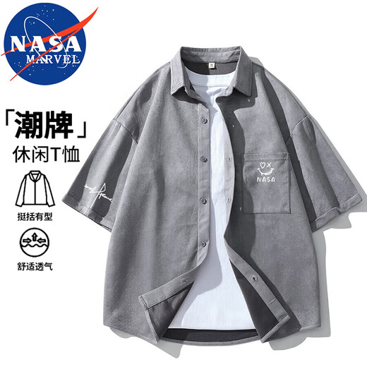 NASA MARVEL短袖衬衫男夏季衬衣外套翻领麂皮绒宽松潮牌休闲上衣 黑色 L
