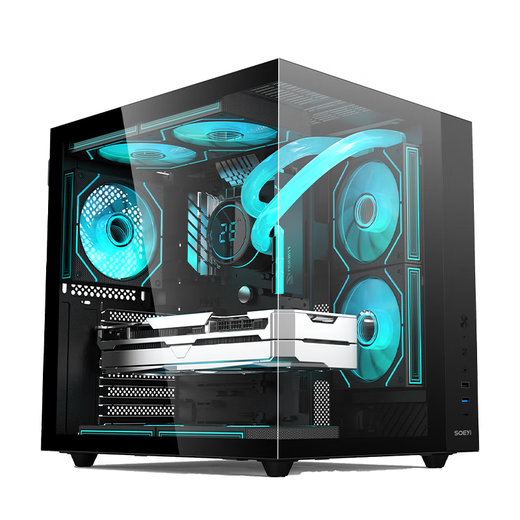 Shuoyi Kunpeng CH2+ CH3+ Ordinateur de bureau ATX Boîtier principal Côté blanc Verre incurvé transparent Chambre avec vue sur la mer Boîtier de petite taille Jeu Esports 240 Refroidissement par eau Verre à angle droit Kunpeng CH2 Noir
