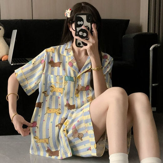 另约带胸垫一体睡衣女款夏季云朵棉短袖2025新款卡通腊肠狗大码三件套 H9929 眼镜狗 没有胸垫 L