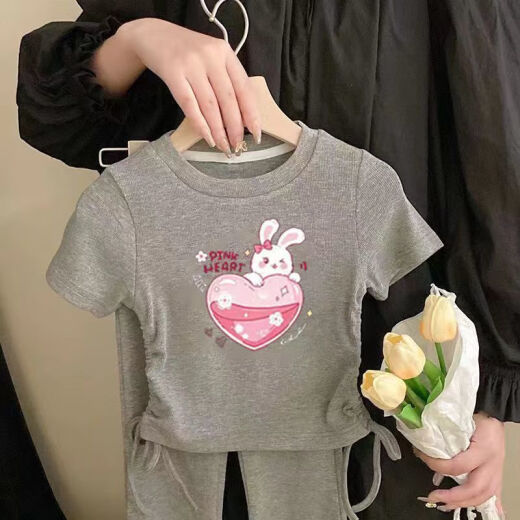 
Disney Nezha Girls Summer Short Sleeve T-shirt Set Fashionable Small and Medium Children's Ice Silk Girl Casual Children's Two-Piece Set Round Collar Drawstring Set-Gray-Nezha G686 110