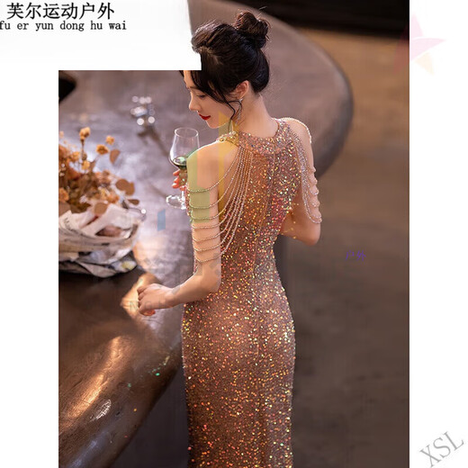 Ayubujie Yintong beautiful evening dress for women 2025 light luxury niche banquet temperament host shiny fish tail skirt piece wine piece champagne golden fish tail long P S