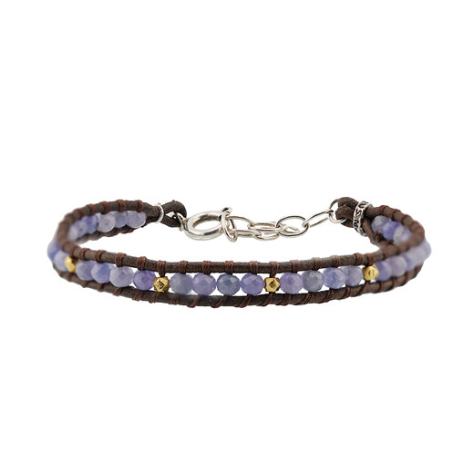 Chishe Little Series Leather Rope Tanzanite and Silver Gold-plated Handmade Silver Beads Brown Retro Leather Rope Bracelet Seaside Vacation M-L One Size