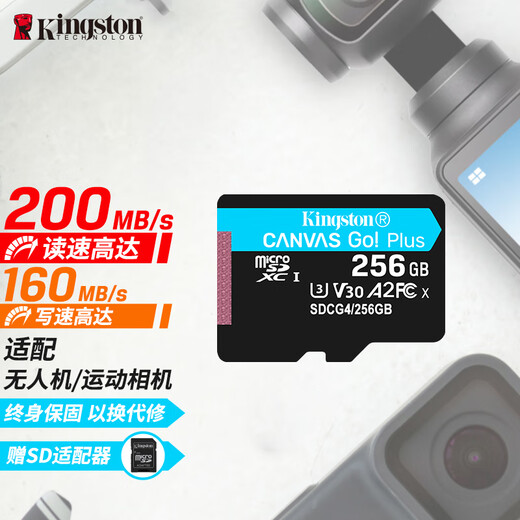 金士顿（Kingston）256GB TF（MicroSD）存储卡 无人机/运动相机 内存卡U3 V30 A2 4K 读速200MB/s兼容手机行车记录仪