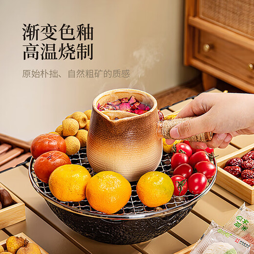 Recommended purchase and sale: Coarse pottery pot for cooking tea around the stove, roasted milk tea pot, ceramic side-handled teapot, large capacity, dry-firing, Moyu electric ceramic stove + Yueru striped side-handled pot + 4 cups