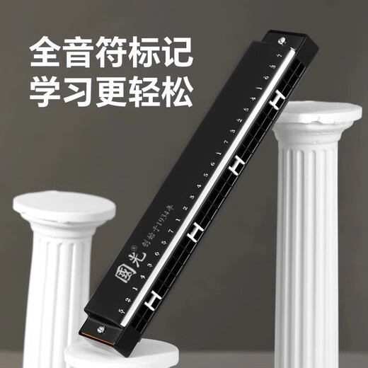 Guoguang Authentic Shanghai Deutsch importiert Gong Mundharmonica 24-Loch-Polyphonische Anfänger 28-lohle-Akzent Professionelle Leistung Klasse C Polyphonische 24/Hole Black + Selbststudiengeschenke Paket [Gedenkversion]
