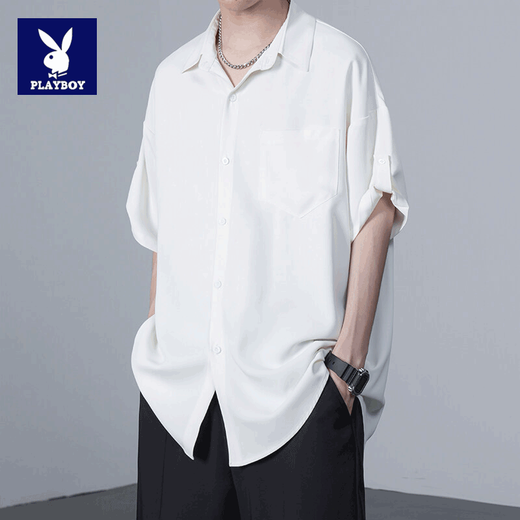 Playboy short-sleeved shirt men's spring and summer thin ice silk cool loose trendy brand Hong Kong style handsome casual drape long shirt 10313/24175 white L