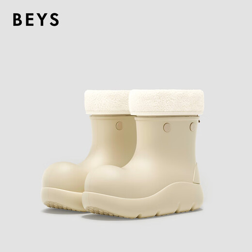 BEYS户外小丑鞋雪地靴2024秋冬新款百搭时尚厚底保暖短筒短靴女靴子潮 乳白色 36