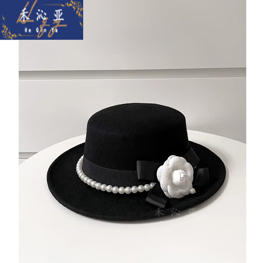 Heqinya camellia sun hat top hat British French elegant pearl edge hat photo studio enlarged brim hat black adjustable