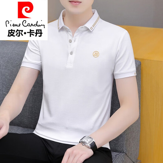 Pierre cardin knitted 2025 summer new men's short-sleeved T-shirt lapel t-shirt trendy casual ice silk collared half-sleeved top black QY682 3XL Recommended 165-180Jin [Jin equals 0.5 kg]