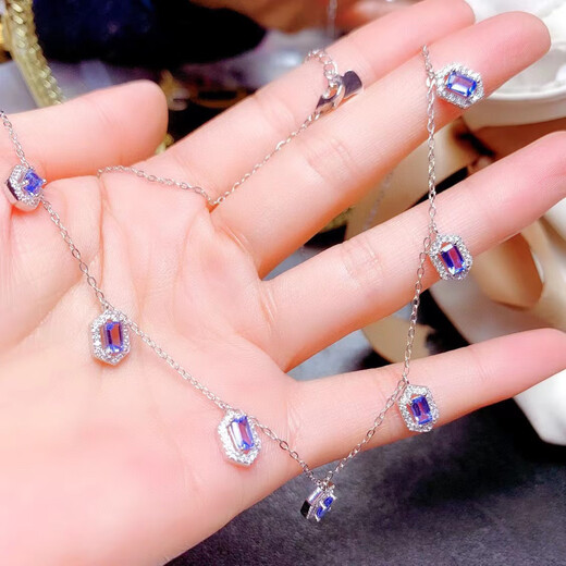 IosnIOSN925 sterling silver inlaid with natural tanzanite pendant necklace sapphire color extended clavicle chain simple gift