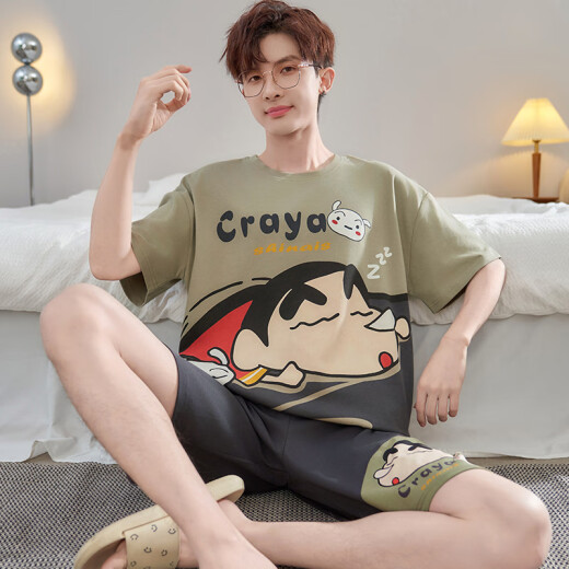 
Qiao Tong men's pajamas summer pure cotton short sleeves 2025 new thin style youth student cartoon large size home clothing set YX 7029 (pure cotton fabric) XL 175CM recommended weight 135-155