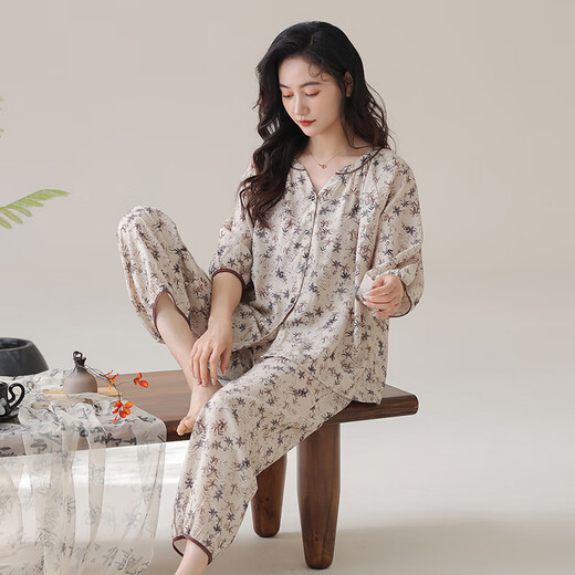 
Kuaishen pajamas for women in summer 70-quarter sleeve loose silk cotton 2025 new style for outside wear for women's mother home clothing set 1342 M [155-160CM/80-100Jin[Jin equals 0.5 kg]]