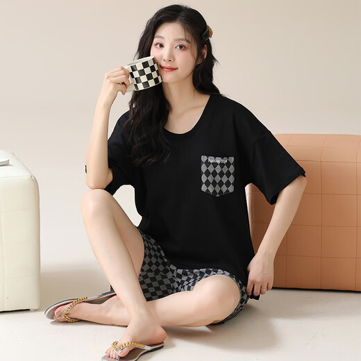 娇彩梦带胸垫睡衣女夏季100%纯棉短袖卡通少女学生青少年家居服套装 QM1343（带胸垫） 全棉 L 女士 (建议95-115斤)