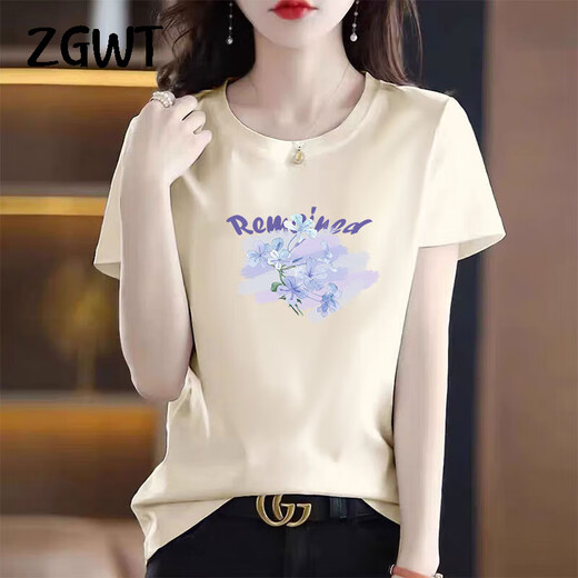
ZGWT light luxury high-end brand short-sleeved T-shirt for women loose new summer fashion round neck versatile base shirt top 6212 gray pink short-sleeved XL (recommended 120-135 Jin [Jin equals 0.5 kg])