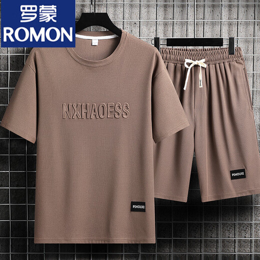 Romon Casual Sports-Anzug Herrenmodemarke Ice Silk T-Shirt Dünne Shorts Großgröße Kurzschlärme gut ausgetauscht mit zweiteiligen Set-TZ829 Khaki [Top + Hosen] 2xl empfohlen 145-165jin [Jin gleich 0,5 kg]