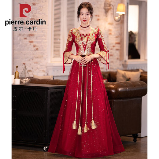 
Pier Cardin toasting suit Bride 2025 new summer burgundy Chinese long-sleeved wedding engagement dress for women burgundy medium-length [684] 2XL