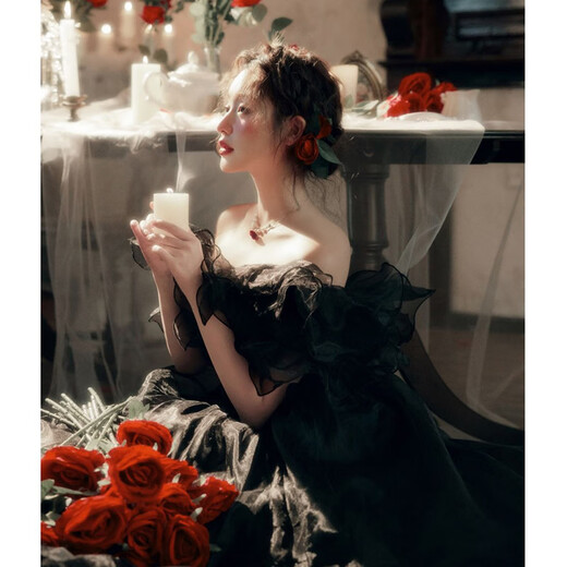 康美诗黑色晚礼服情侣婚纱照订婚写真 红色 L