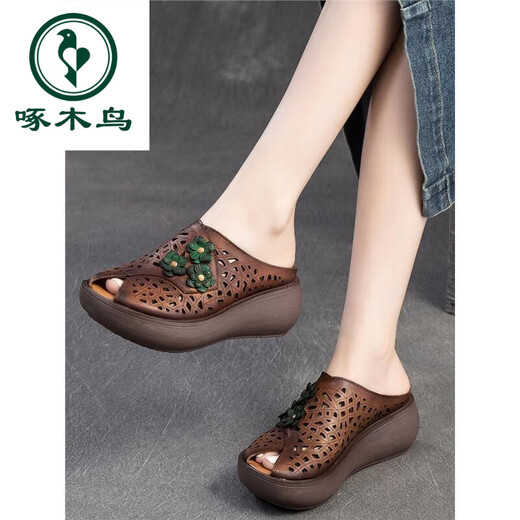 Specht echtes Leder im Sommer ethnischer Stil Schöne Blumensandalen mit echtem Leder-Retro-Stil modisch dicker Fischschuhe braun 35
