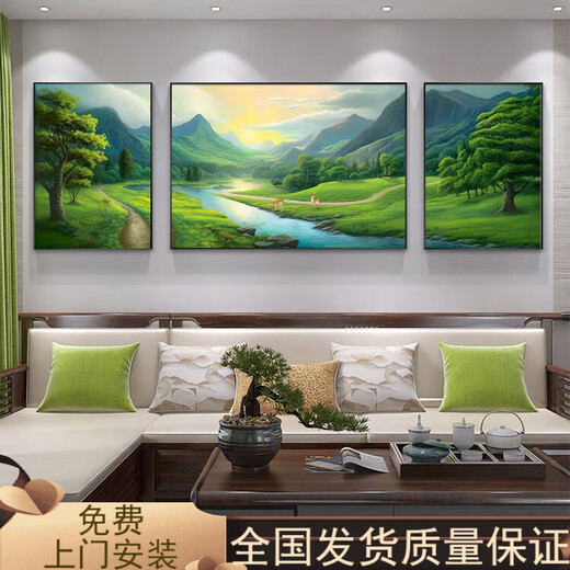 Landscape painting Living room decoration painting Green mountains and green water sofa background wall Sanlian mural office attracts wealth landscape hanging painting 12596 sunrise in green mountains 80*60 sides 40*60 gold frame oil canvas