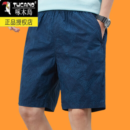 啄木鸟新款外穿短裤男士休闲五分裤夏季薄款中裤子男宽松印花纯棉 D9215深蓝色 L 100-120斤穿